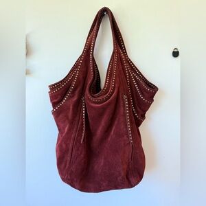 Koobla Studded brown / rust BOHO Suede Tote hobo Bag slouch purse hippie brass